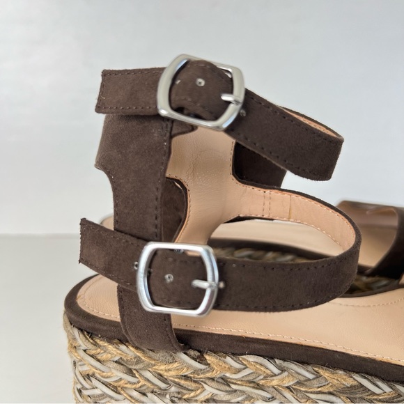 ZARA Trafaluc Brown Suede Jute Raffia w Faux Leather Woven Platform Sandal Sz 39 - Picture 2 of 11